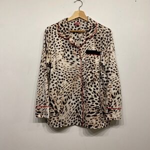 Cosmopolitan Leopard Print Pajama Top Red Piping Long Sleeve Sleep Shirt Medium